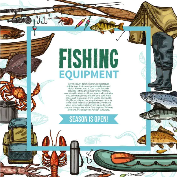 Vector illustration of Fishing equipment sketch poster with fish catch