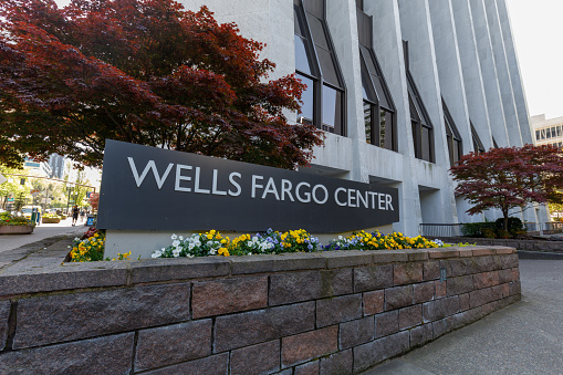 Portland, Oregon, USA - April 27, 2018 : The building of Wells Fargo Center in downtown Portland