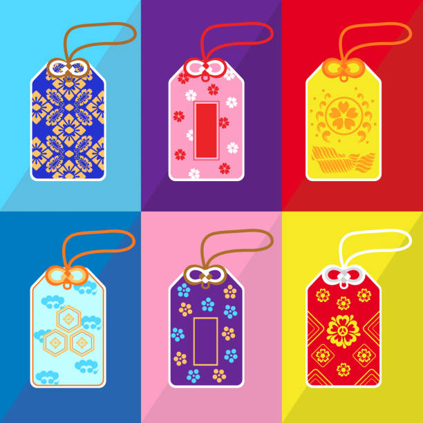 Set of Omamori Omamori or Japanese amulet good luck charm stock illustrations