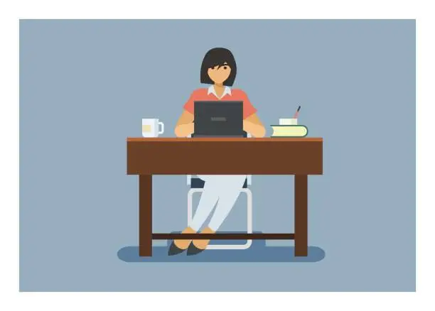 Vector illustration of short haired female student studying/typing on a laptop
