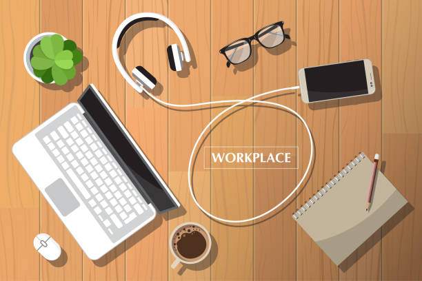 ilustrações de stock, clip art, desenhos animados e ícones de realistic workplace organization. top view with textured table, laptop, headphones connected smartphone, glasses, flowerpot, pencil, power bank, diary and coffee mug. desk vector illustration of office stationery - coffee top view