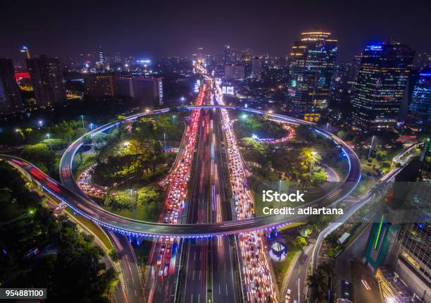 Night View Of Semanggi Bridge In Jakarta Indonesia Stock Photo - Download Image Now - Jakarta, Night, City