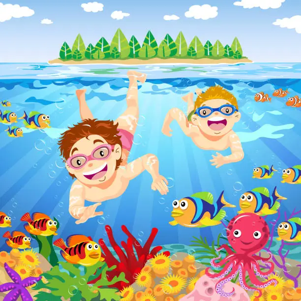 Vector illustration of Kids Have Fun Underwater
