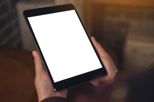 istock Mockup image of a woman holding black tablet pc with blank white desktop screen in cafe 954892964