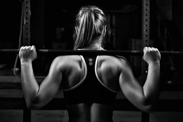 Back view young female doing barbell squats in gym Back view young female doing barbell squats in gym. Woman with muscular body exercising. Sports and fitness concept. baby squatting stock pictures, royalty-free photos & images