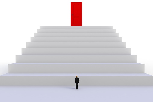 Success concept with businessman, Image of miniature businessman standing in front of red door on white wall background, 3D rendering