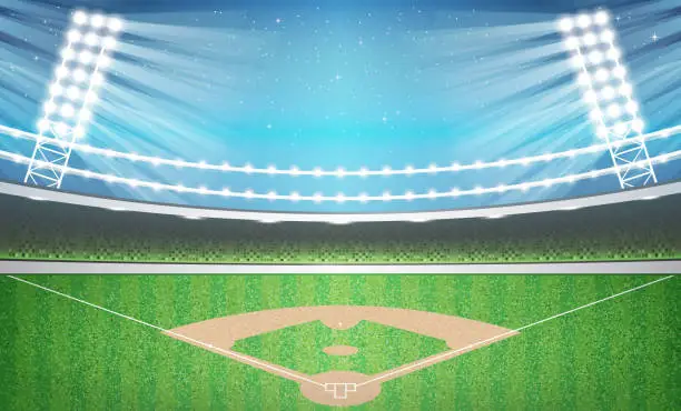 Vector illustration of Baseball Stadium with Neon Lights. Arena.