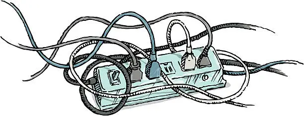 Vector illustration of Tangled Electrical Cords plugged into a Power Strip