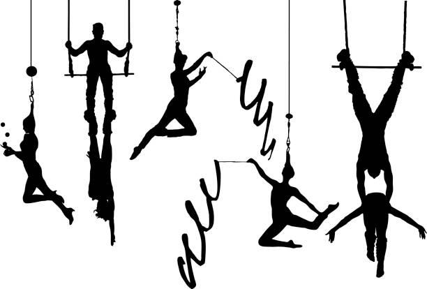 ilustraciones, imágenes clip art, dibujos animados e iconos de stock de circus acrobats aérea - juggling silhouette performer performance