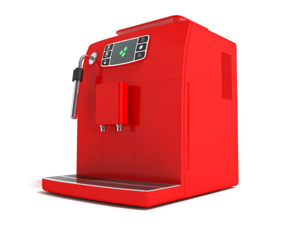 istock Modern multifunction electric coffee machine with a water tank for two mugs red side on the left bottom 3d render on white background no shadow 954912682
