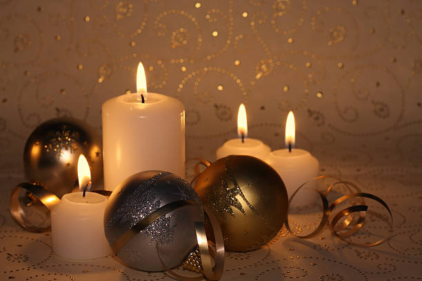 istock Four candles , silver baubles and gold fleck background 95491323