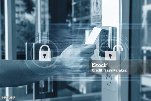 Hand Using Security Key Card Unlocking The Door To Entering Private Building Home And Building Security System Stock Photo - Download Image Now