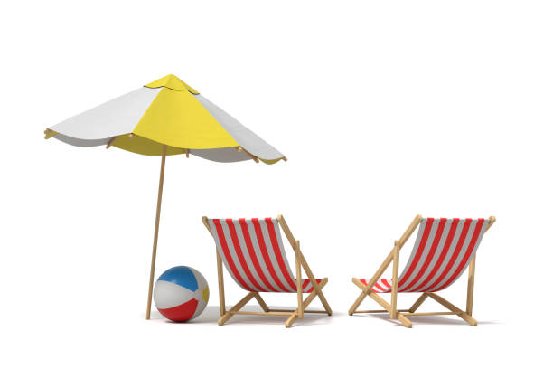 3d rendering of a white and yellow beach umbrella standing above two deck chairs. Vacation for two. Catching rays. Rest at seaside.