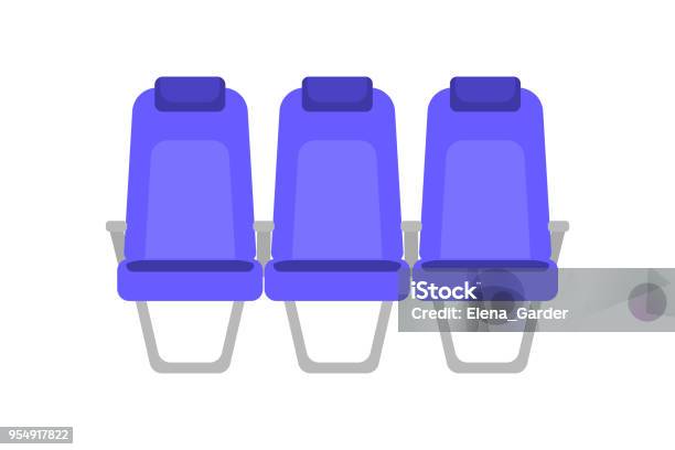 Vector Flat Colorful Illustration Of Blue Seat Cartoon Interior Airplane Seats Chairs In Cabin Of Business Class Armchairs With Handrails In The Bus For Passengers Stock Illustration - Download Image Now
