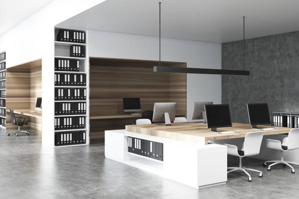 istock White and wooden office interior, concrete side 954918586