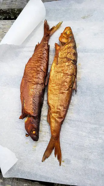 Two smoked whitefish on a wax paper.