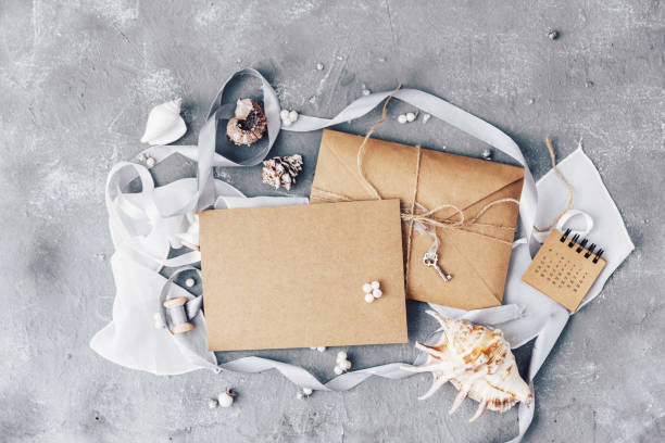 istock Wedding Invitation Card with decorations and envelope. Mock Up. Template. Flat Lay, Top View 954922498