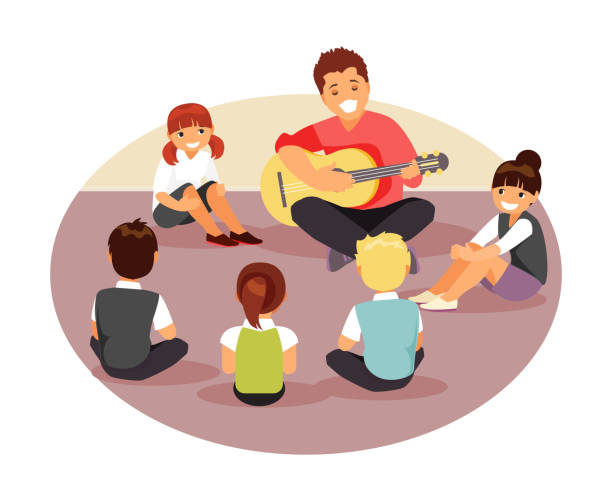 Music teacher with children Group of children listen to their music teacher. Vector illustration teacher clipart stock illustrations