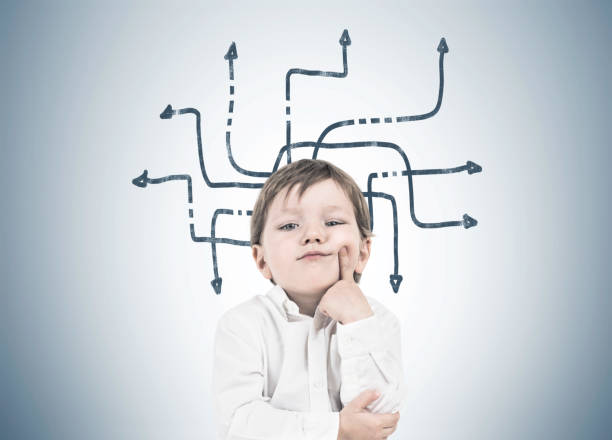 istock Thinking little boy, finger on cheek, arrows maze 954927006