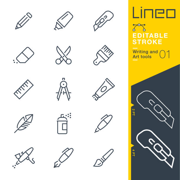 lineo editable stroke - ikony linii narzędzi do pisania i grafiki - pencil stock illustrations