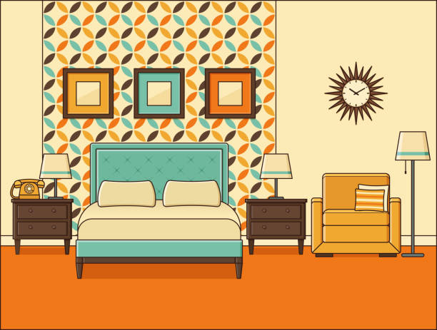 Bedroom retro interior. Hotel room in flat design. Vector illustration. Bedroom interior. Hotel room with bed. Vector. Home retro space in flat design. Cartoon house equipment. Linear illustration. Vintage animated apartment. Outline background 1960s 1970s. 1970 pictures stock illustrations