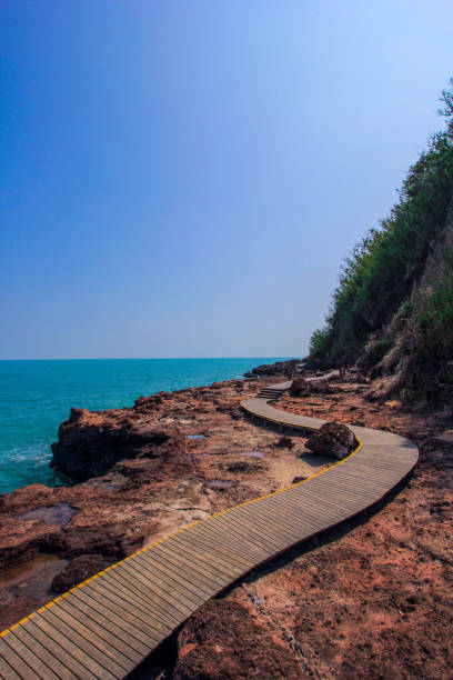 istock Volcanic rocks and footpaths by the sea. 954936718