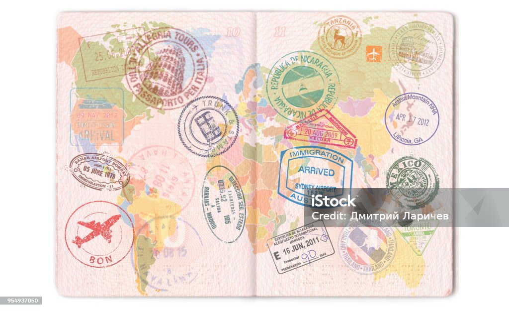 Visas, stamps, seals in the passport. World map, travel Visas, stamps, seals in the passport. World map, travel. Passport Stock Photo