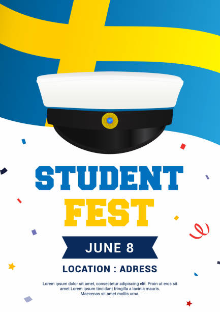 ilustrações de stock, clip art, desenhos animados e ícones de studentfest (swedish translation: student party) poster vector illustration. graduation cap on swedish flag. - rutabaga