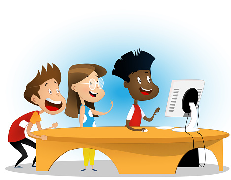 Group of elementary multiracial children in computer class. Cartoon vector illustration