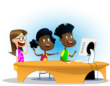 Group of elementary multiracial children in computer class. Cartoon vector illustration
