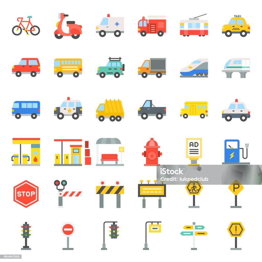 Transportation set with sign on road side, flat icon Icon Symbol stock vector
