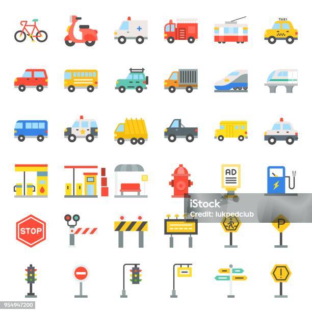 Transportation Set With Sign On Road Side Flat Icon Stock Illustration - Download Image Now