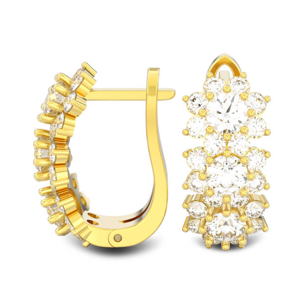 istock 3D illustration isolated gold diamond earrings with hinged lock with reflection 954950948