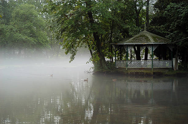 Gazebo on a foggy morning stock photo