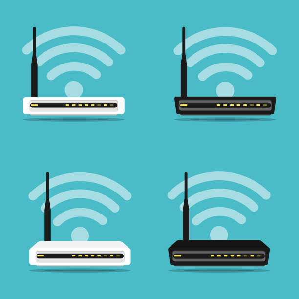 ilustraciones, imágenes clip art, dibujos animados e iconos de stock de hardware wireless router establece vector - router