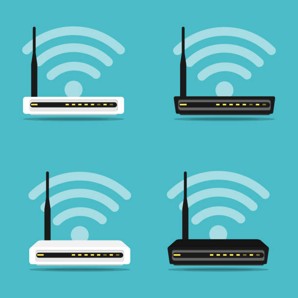 illustrazioni stock, clip art, cartoni animati e icone di tendenza di vettore set hardware wireless router - router