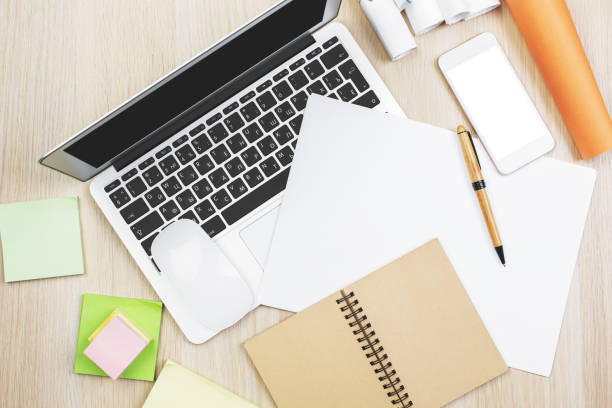 istock Office desk with devices and supplies 954957700