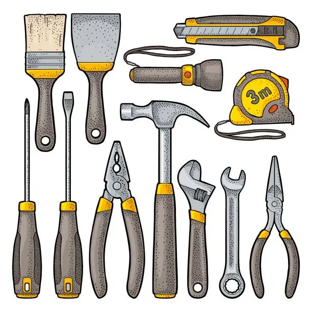 Vector illustration of Set hardware tools. Vector engraving