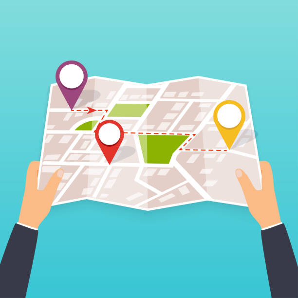 istock Hand holding a paper map with points. Tourist look at map of the city. Vector Illustration in flat design. Travel concept. 954964198