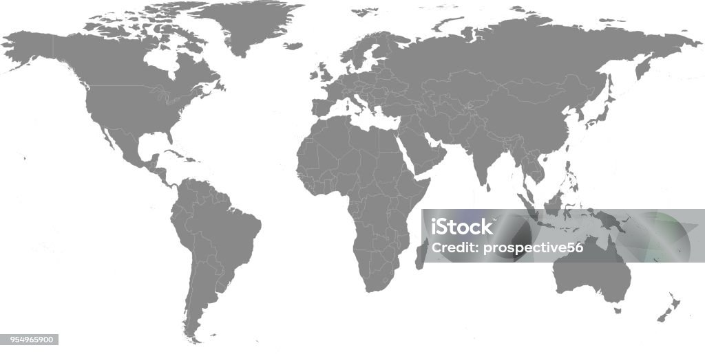 Très détaillée illustration de l’esquisse vectorielle de le carte mondiale avec les frontières du pays en fond gris - clipart vectoriel de Planisphère libre de droits