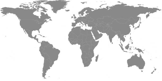灰色の背景の国のボーダーの非常に詳細な世界地図ベクター概要図 - 日本　スペイン点のイラスト素材／クリップアート素材／マンガ素材／アイコン素材