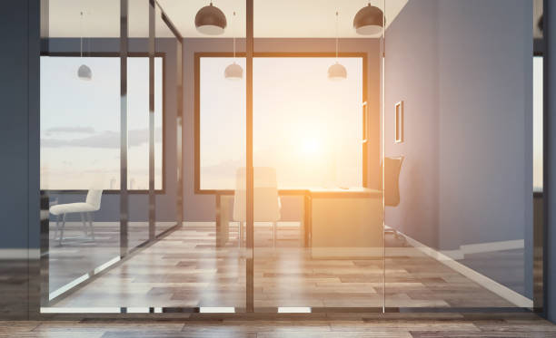 istock Conference room with wooden table. 3D rendering.. Sunset 954966734
