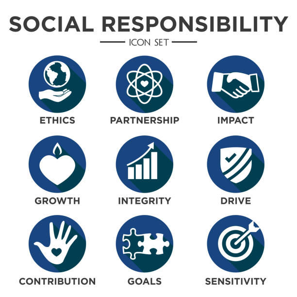 Social Responsibility Solid Icon Set Social Responsibility Solid Icon Set with Impact, Ethics, Partnership, drive, etc initiatives stock illustrations