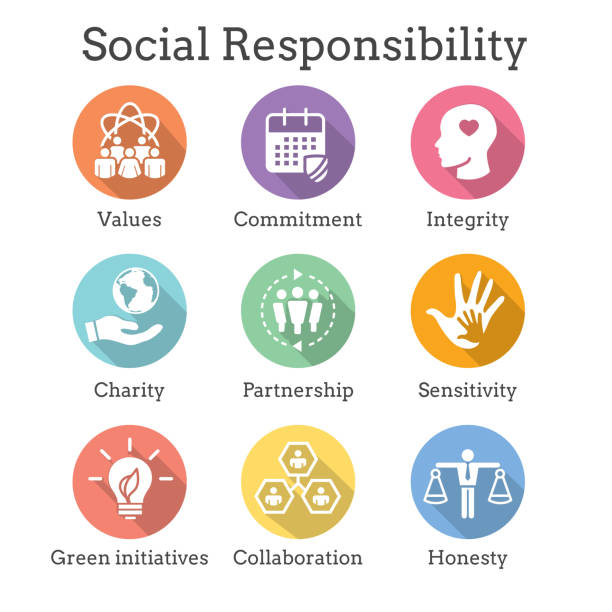 Social Responsibility Solid Icon Set w Honesty, integrity, & collaboration, etc Social Responsibility Solid Icon Set with Honesty, integrity, collaboration, etc initiatives stock illustrations