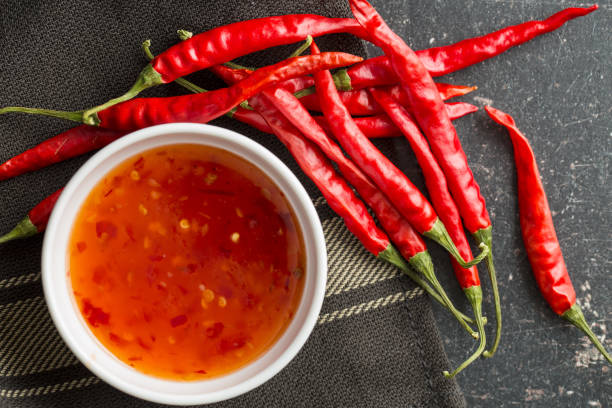 istock Red chili peppers and chili sauce. 954971310