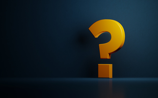 Yellow question mark on dark blue background. Horizontal composition with copy space.