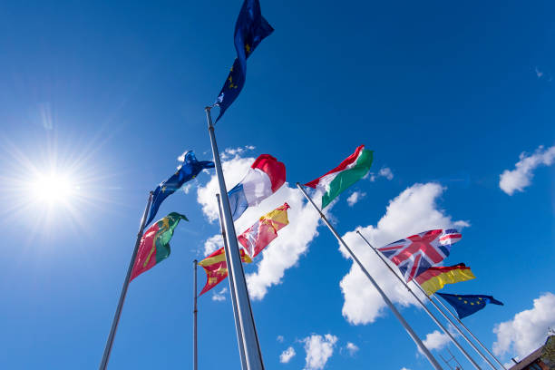 ヨーロッパの国旗と世界の国々 の国旗の行 - national flag flag global communications sky ストックフォトと画像