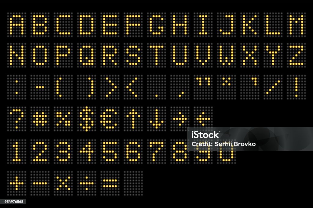 Led digital alphabet. Electronic number and alphabet digital display, letters and symbols. Digital terminal table led font, with grid. Vector illustration. Led digital alphabet. Electronic number and alphabet digital display, letters and symbols. Digital terminal table led font, with grid. Vector illustration. Eps 10. Scoreboard stock vector