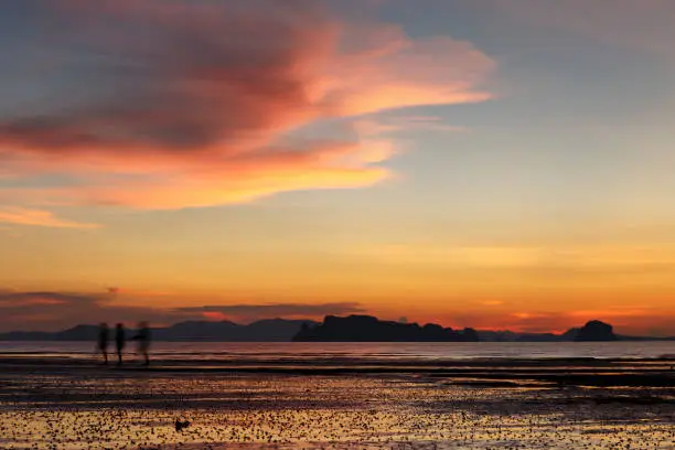 People walking at sunset on Ao Nang Beach, Krabi, Thailand