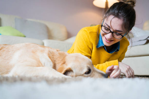 istock Young woman at home playing with dog 954997750